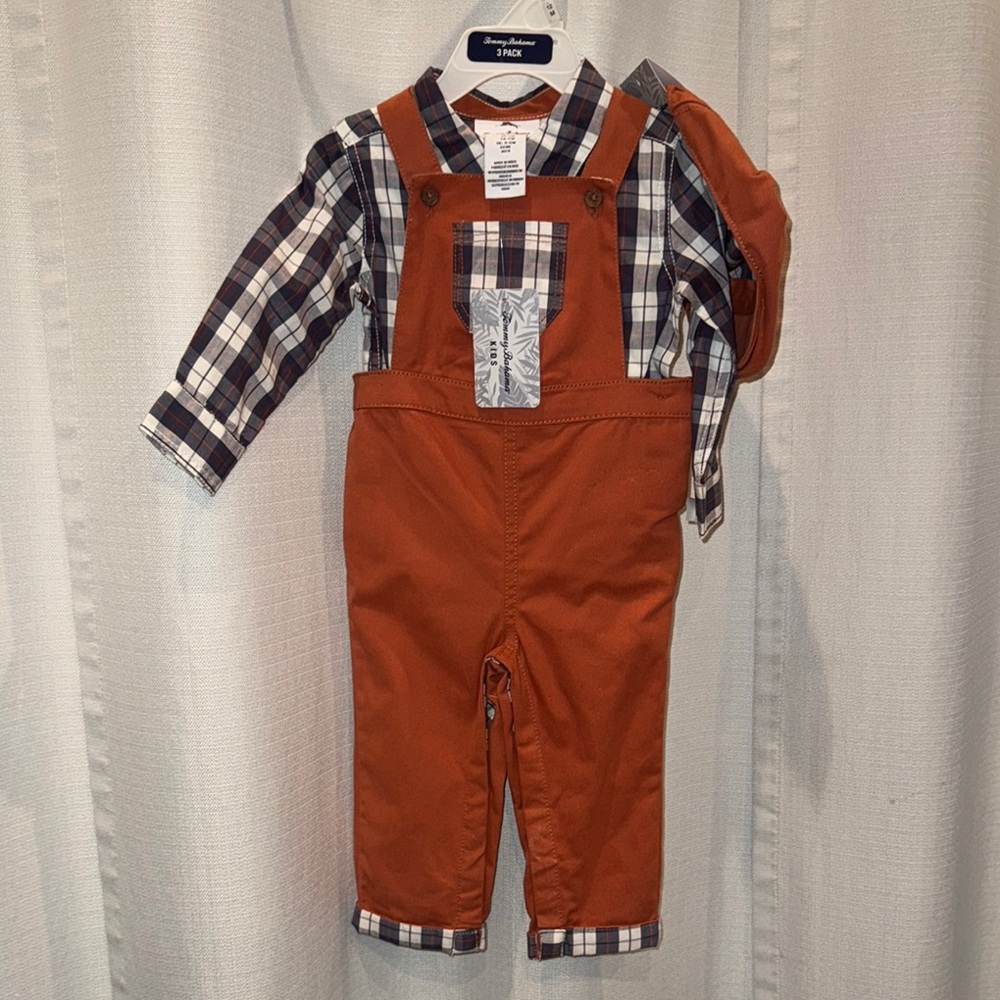 Tommy Bahama Burnt Orange Overalls Gray Plaid Shirt with Hat 12 Months NWT